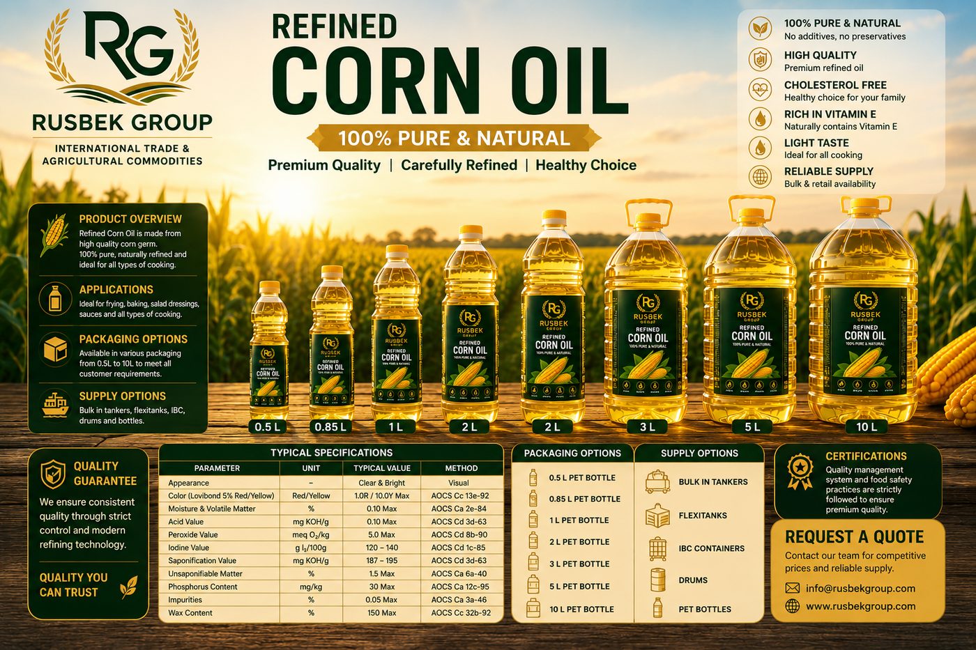 Кукурузное масло Rusbek Group в бутылках, 0.5-10 Л