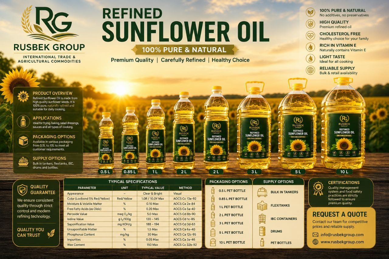 Rusbek Group refined sunflower oil bottles, 1–10 L